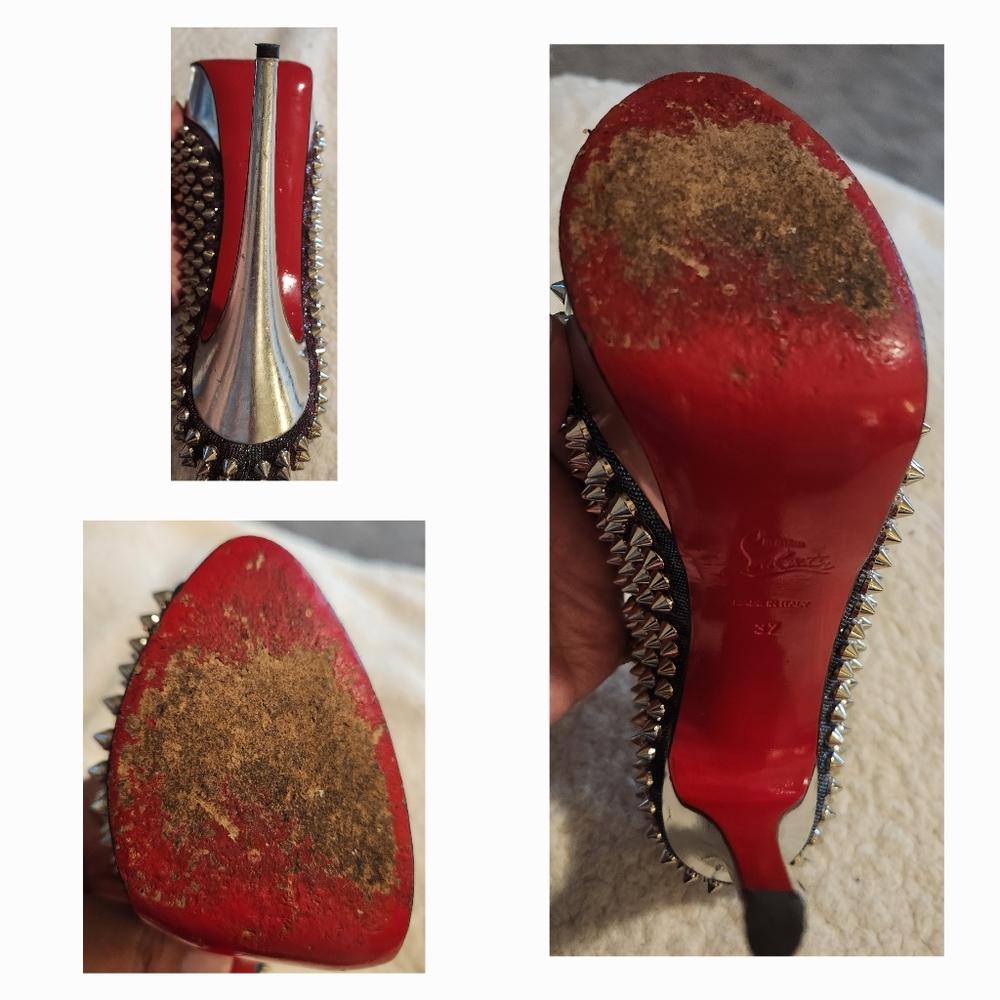 CHRISTIAN LOUBOUTIN Metallic Lame Lady Peep Spike Platform Pumps Size 37 - Picture 14 of 16